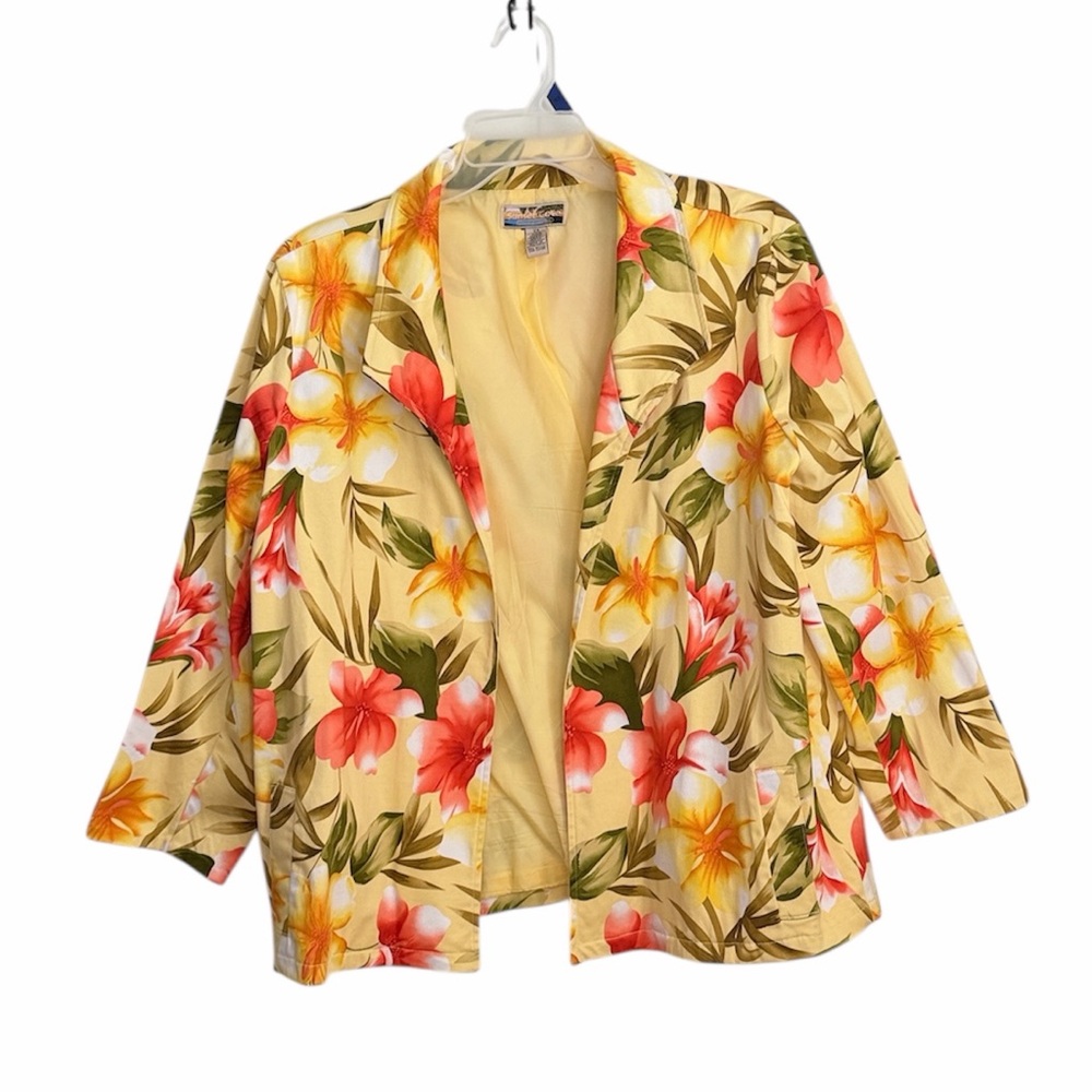 Sunset Cove Vintage Womens  floral cotton blazer jacket yellow pink hues Size 2X